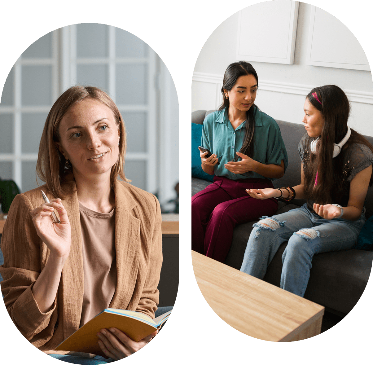 Young women discussing on a couch